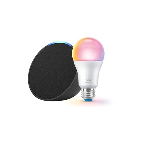 Echo Pop (newest model) with WiZ 60W A19 LED Smart Color Bulb - Connects to Your Wi-Fi - E26 Base - Control with Voice or App - Matter Compatible