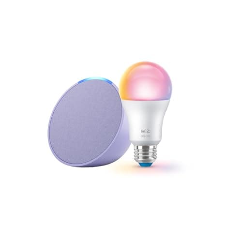 Echo Pop (newest model) with WiZ 60W A19 LED Smart Color Bulb - Connects to Your Wi-Fi - E26 Base - Control with Voice or App - Matter Compatible
