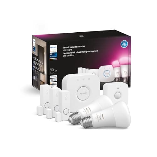 Philips Hue Secure Starter Kit  3 Secure Contact Sensors (White), Indoor Motion Sensor, Bridge, 2 White  Color Ambiance Smart Bulbs, Easy to Install, Works with Hue App
