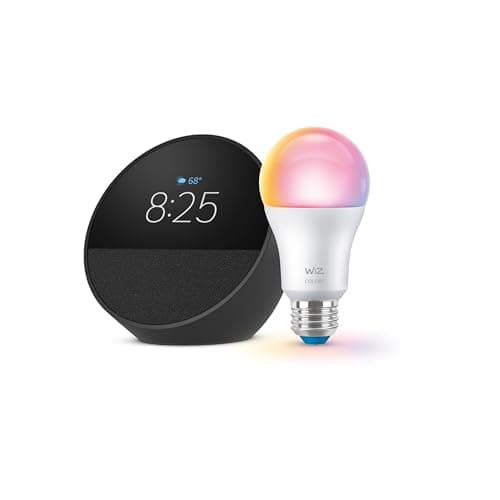 Echo Spot (newest model) with WiZ 60W A19 LED Smart Color Bulb - Connects to Your Wi-Fi - E26 Base - Control with Voice or App - Matter Compatible
