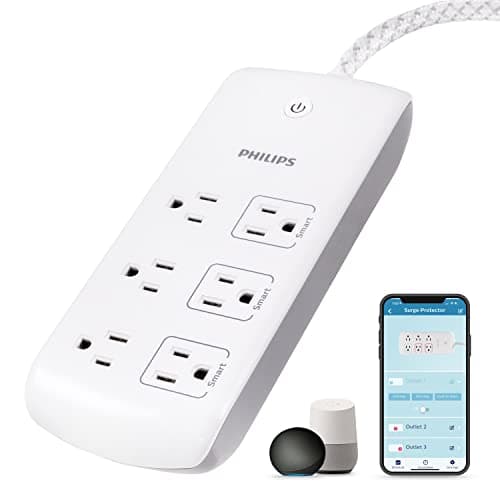 Philips 6 Outlet Smart Surge Protector, 4 Ft Braided Cord, Individual Control, 1080 Joule, Compatible with Alexa, Google Home, Bluetooth Set Up, No Hub Required, ETL Listed, White, SPP9034WB/37