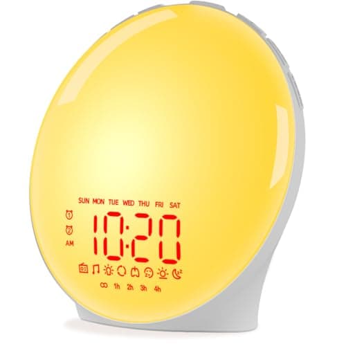 iEasy Wake up Light Sunrise Alarm Clock Sunset Simulation Sleep Aid Dual Alarms FM Radio Snooze 13-Color Modes 23 Sleep White Noise Sounds 28 Built-in Alarm Tone 32 Volumes Compact for Everyone