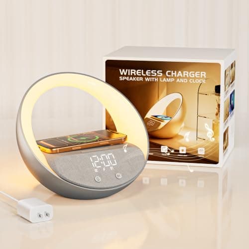 FUNFOR Bluetooth Alarm Clock, Sunrise Simulation Wake Up Night Light, 15W Fast Wireless Charging Alarm Clock for Bedroom, 10W Bluetooth Stereo Sound Speaker, USB Charger Port