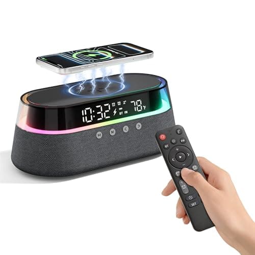 KUANGXIANG 6-in-1 Bluetooth Speaker Alarm Clock with Remote, FM Radio & Dimmable LED Night Light, 15W Fast Wireless Charger, Dual Digital Clock for Bedroom Home Office, Ideal Gifts for Him, Men Women