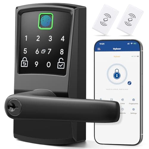 Keypad Smart Door Lock with Handle, Fingerprint Keyless Entry Digital Lock for Front Door,Nyboer Electronic Code Knob, Matte Black, Modern Style, Easy Installation,Deadbolt Alternative