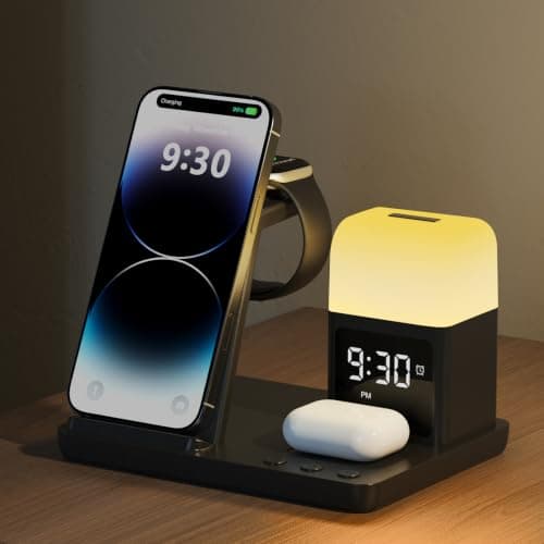 Wireless Charging Station Alarm Clock with 8 Touch Night Lights: 5 in 1 Charger Stand for Apple Devices, Charging Dock for iPhone 17 16 15 14 13 12 Pro Max Plus/Apple Watch/AirPods, Dimmable