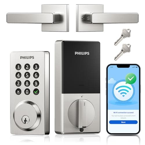 Philips WiFi Smart Door Lock with Handle, Built-in WiFi App Remote Control, Keyless Entry Door Locks for Front Door, Smart Deadbolt Auto Lock, Support Alexa & Google, IP54 Waterproof, Satin Nickel