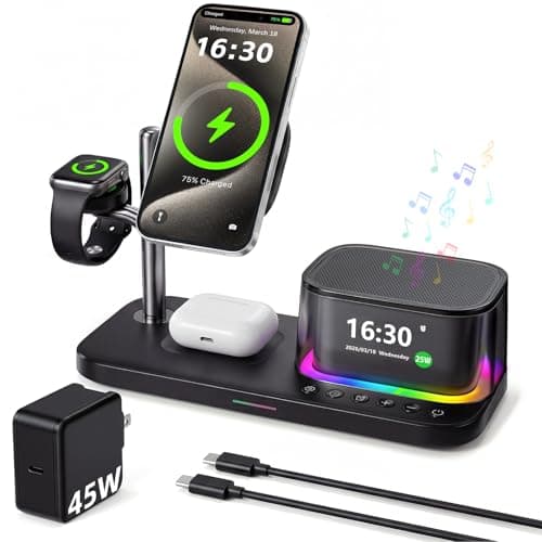 45W 5 in 1 Wireless Charging Station with Alarm Clock and Bluetooth Speaker & Night Light, Qi2.2 25W Fast Charger for MagSafe for iPhone 17/S26 Ultra, Charger Stand for iWatch & Galaxy Watch