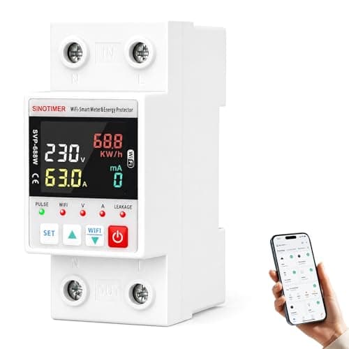 SINOTIMER Colorful LED WiFi Smart Energy Meter, AC 63A 80-300V WiFi Earth Leakage Over Under Voltage Protector, Circuit Breaker Din Rail, Electricity Energy Monitor APP Remote Control Smart Life 230V