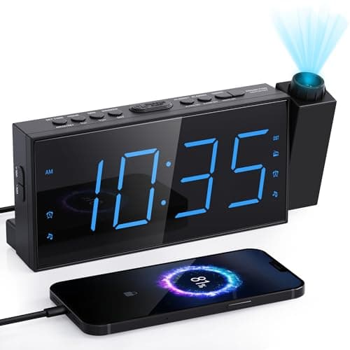 Mesqool Projection Alarm Clock for Bedroom with FM Radio, 7" Large LED Display with Dimmer, Dual Alarm Clock, Ceiling Projection, USB Charging Port, Sleep Timer, Plug in Digital Clock Radio