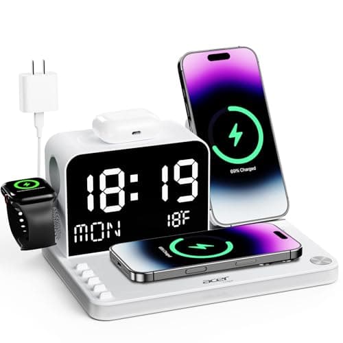 Acer 7-in-1 Wireless Charging Station with LED Clock - 30W Fast Wireless Charger for iPhone 16/15/14/13/12/Pro Max, Apple Watch, AirPods - Bluetooth Auto Time Sync & Night Lights (White)