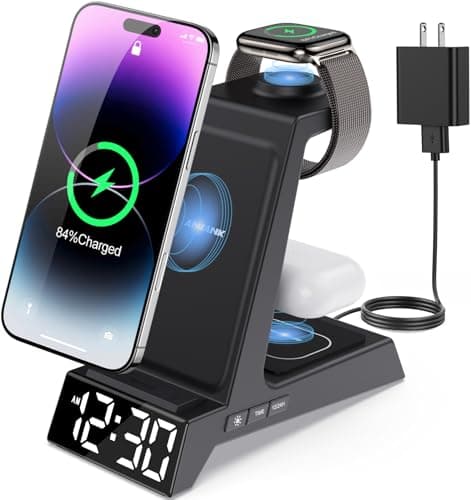 ANJANK 4 in 1 Wireless Charging Station Alarm Clock, Charging Dock for Apple Devices, Charger Stand for iPhone 17 Air 16 15 14 13 12 Series for Apple Watch 11 10 9 8 7 6 5 UItra/SE & AirPods, Dimmable