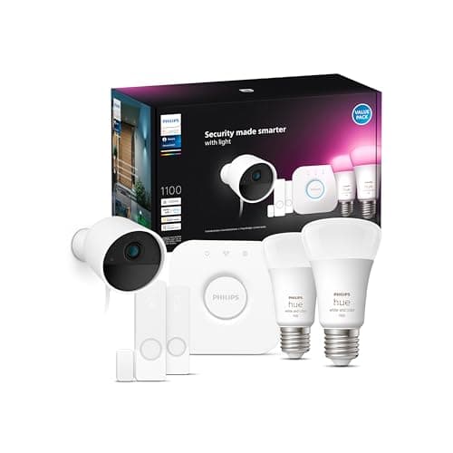Philips Hue Secure Starter Kit with (1) Bridge, (1) Wired Security Camera (White), (2) Secure Contact Sensor (White), (2) 75W A19 Bulb, White  Color Ambiance, Works with Security Center in Hue App