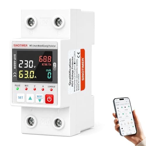 SINOTIMER Colorful LED WiFi Smart Energy Meter, AC 63A 80-300V WiFi Earth Leakage Over Under Voltage Protector, Circuit Breaker Din Rail, Electricity Energy Monitor APP Remote Control Smart Life 230V