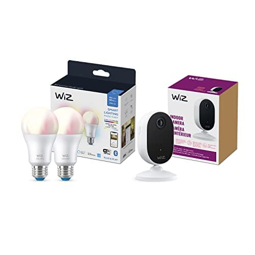 WiZ Connected Bundle of WiZ Indoor Security Camera, 1080p HD Video with Motion Detection and Full-Duplex Audio 2-Pack Color 60W A19 Smart WiFi Light Bulb, No Hub Required