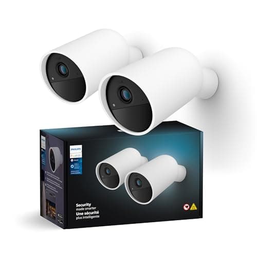 Philips Hue Secure Battery Camera 2-Pack, 1080P Resolution, Monitoring, Notifications, Seamless Integration, Rechargeable, Indoor and Outdoor, White, Free 24-Hour History