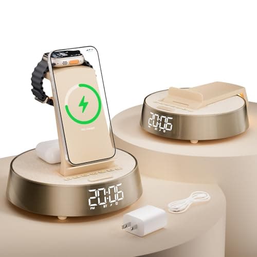 6 in 1 Wireless Charging Station with Alarm Clock, Bluetooth Speaker, FM Radio, Night Light for Bedroom Office, Wireless Charger Dock Station for iPhone 17 16 15 14 13 12 Pro Max,Apple Watch, AirPods