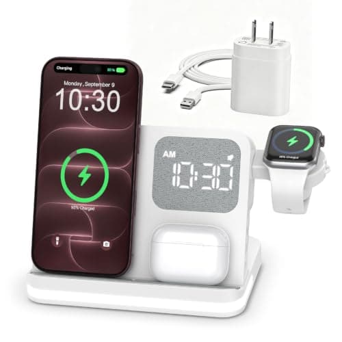 PENTASPI Wireless Charging Station Alarm Clock for iPhone Samsung, 5 in 1 Wireless Charger Stand with 18W Adapter, 3 Levels Night Light, Lamp Charging Station for iPhone 18-12 Series, iWatch/AirPod