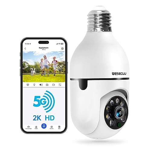 WESECUU Light Bulb Security Camera -5G 2.4GHz WiFi 2K Security Cameras Wireless Outdoor Motion Detection and Alarm,Two-Way Talk,Color Night Vision,Human Detection, Bulb Camera Compatible with Alexa