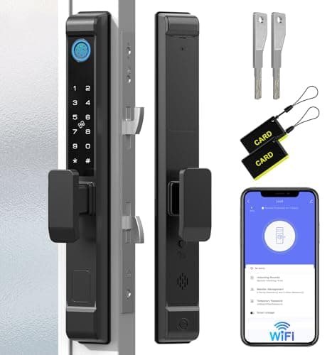 Anweller 2885 Mortise Sliding Glass Door Lock, Smart Fingerprint Code Keypad RFID Remote App Electronic Digital Biometric Safety Patio Door Double Hook Mortise Lock Set with Handle