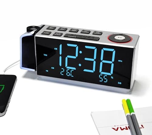 iTOMA Projection Alarm Clock with FM Radio, Bluetooth, Temperature & Humidity Display, Dual Alarm, Snooze, USB Charging, Night Light and Dimmer Control 509