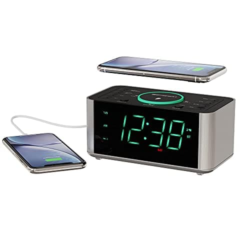 Emerson ER100202 Smartset Dual Alarm Clock Radio with USB Port and QI Wireless Phone Charger with Bluetooth, All Qi Compatible Phones