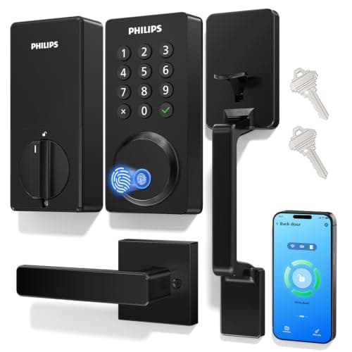 Philips Upgraded Wi-Fi Smart Front Door Lock Set, Fingerprint Keyless Entry Deadbolt, Keypad Lock with Handle, App Remote Control, IP53 Waterproof, Auto Lock, Anti-Peeping Password, Easy Install
