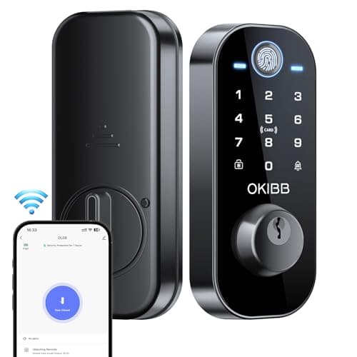 Smart Lock with Built-in Wi-Fi App Remote Control, OKIBB Fingerprint Door Lock with Doorbell, Keyles Entry Door Lock with Emergency Power Supports Alexa IP54 Waterproof ANSI Grade 3