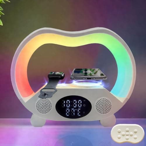 IHAO 6in1 Wireless Charging Station with Bluetooth Speaker Time&Temperature Display Alarm Clock 7-Color LED Night Lights Fast Charger for Phone, Apple Watch, Earbuds Remote Control Auto Shutoff-White