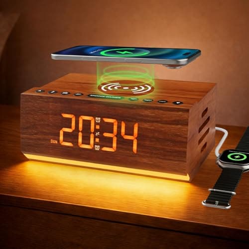 Hoifen Wooden Digital Alarm Clock with Bluetooth Speaker, Wireless Charging, FM Radio, Night Light, Auto Time Sync, Dual Alarms, USB Port, 9-Min Snooze for Bedroom, Desk, Bedside Clock Home Decor Gift