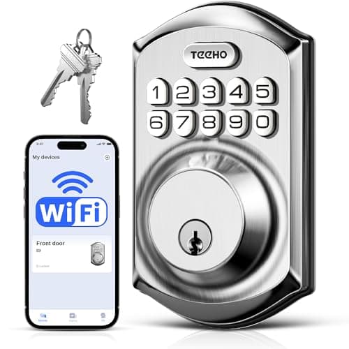 TEEHO TE011W Wi-Fi Keyless Entry Door Lock with Keypad - Smart Deadbolt Lock for Front Door with 2 Keys - Remote Control, Works with Alexa & Google, APP Unlock - Easy Installation - Satin Nickel