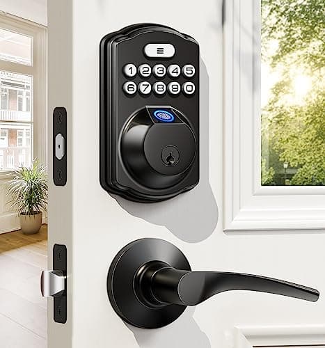 Veise Fingerprint Door Lock with 2 Lever Handles  Keyless Entry Door Lock, Electronic Keypad Deadbolt, Digital Smart Code  Front Handle Sets, Auto-Locking, Easy Installation, Matte Black