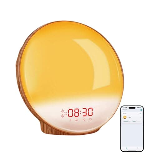 BIB_WJ Smart Sunrise Alarm Clock with No Signup APP Control & Wake-Up Light, 4 Alarms, White Noise, FM Radio, Wireless Speaker, Wood Grain
