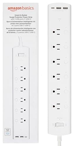 Amazon Basics Smart Plug Power Strip with 6 Individually Controlled Outlets and 3 USB Ports (2 USB-A and 1 USB-C), WiFi, Works with Alexa Only, 2.4 GHz, No Hub Required, White