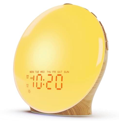 JALL Wake Up Light Sunrise Alarm Clock for Kids, Heavy Sleepers, Bedroom, White Noise Sound Machine with 17 Nihgt Lights, 25 Soothing Sounds, Bluetooth Speaker, Dual Alarms, FM Radio, Wood Grain