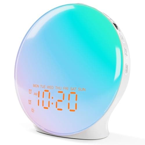 JALL Full Screen Dimmer Sunrise Alarm Clocks for Bedrooms, Wake Up Light with FM Radio, 25 White Noise Sleep Sounds, Bluetooth Speaker, Dual Alarms Bedside Clock for Heavy Sleepers, Kids