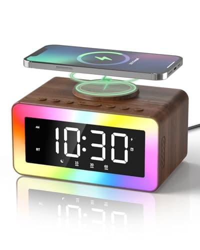 Alarm Clock with Wireless Charging, Bluetooth Speaker, White/Brown Noise Sound Machine Night Light, Wooden Digital Alarm Clocks for Bedrooms, Wireless Charger for iPhone, Birthday Gifts for Men Women