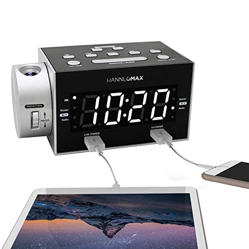 HANNLOMAX HX-135CR Alarm Clock Radio, Time Projection, USB Charge-White LED