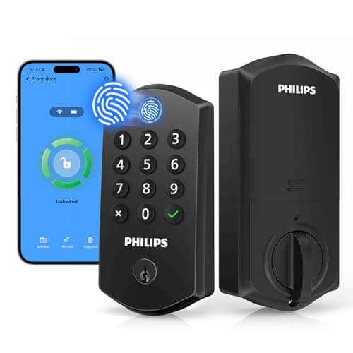 Philips Wi-Fi Smart Lock for Front Door, Fingerprint Keyless Entry Door Lock, Electronic Keypad Deadbolt, App Remote Control, Auto Lock, Compatible with Alexa and Google, Easy Installation
