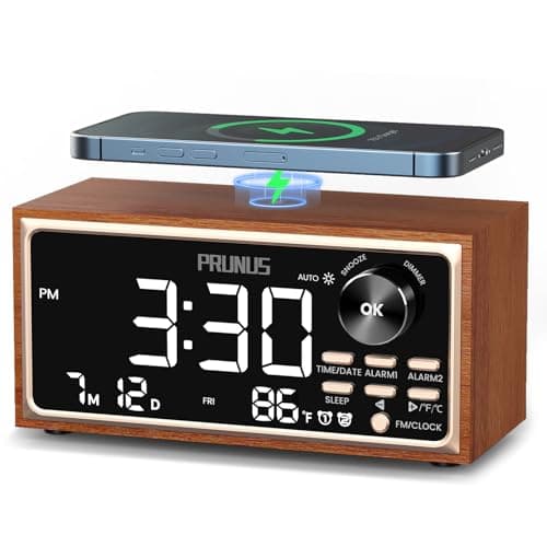 PRUNUS J-177 Retro Vintage Alarm Clock Radio with Fast Wireless Charging