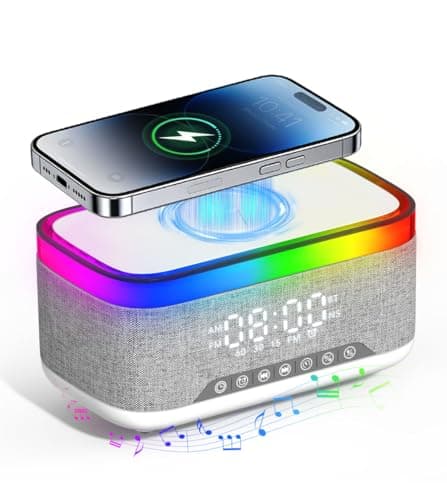 Niifawh Bluetooth Speaker with Wireless Charging, Alarm Clock Radio for Bedrooms 6 in 1 Dimmable Digital Clock with FM Radio White Noise Charging Station RGB LED Night Light for iPhone Samsung