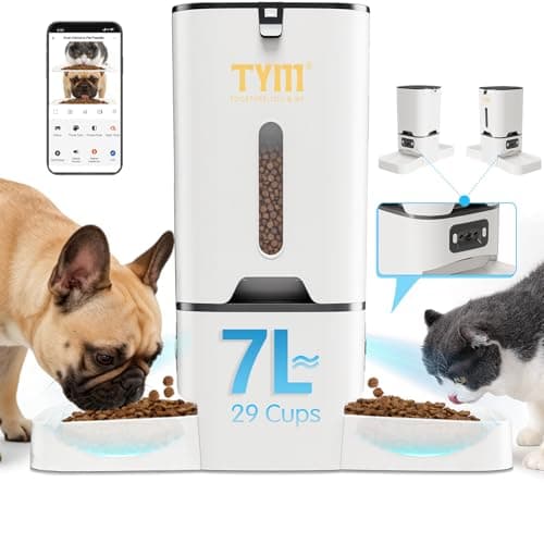 TYM Automatic Cat Feeder with 2 Camera for 2 Cats, 7L Dog Food Dispenser with Night Vision 2K 4MP, 5G WiFi Dual Auto Cat Feeder with Smart App for Multiple Cats & Small Dogs, Detachable for Clean