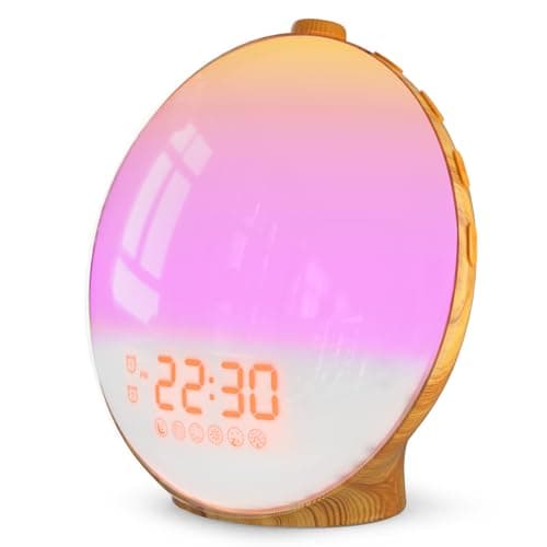 Dekala Sunrise Alarm Clock for Heavy Sleepers, Wood Grain Wake up Light Sunset Simulation, 7 Nature Sounds, Dual Alarms, Colorful Ambient Lamp, FM Radio, Snooze, Sleep Aid for Kids & Adults Bedroom