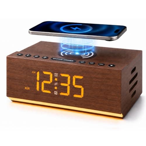 Hoifen Wooden Digital Alarm Clock with Bluetooth Speaker, Wireless Charging, FM Radio, Night Light, Auto Time Sync, Dual Alarms, USB Port, 9-Min Snooze for Bedroom, Desk, Bedside Clock Home Decor Gift