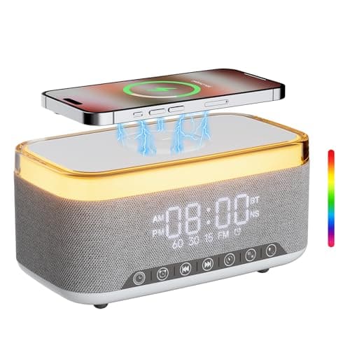 Reatsoc Bluetooth Speaker Alarm Clock with 10w Fast Wireless Charger for iPhone Samsung, 10W Stereo Bluetooth Speaker,12-Color Night Light, White Noise Machine Digital Clock with FM Radio for Bedroom