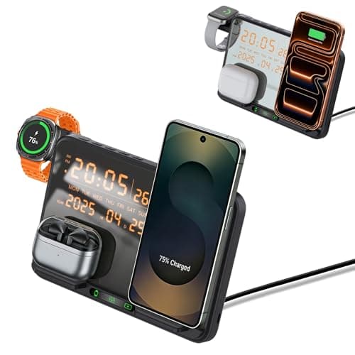3 in 1 Wireless Charger Charging Station with Digital Alarm Clock Fast Charge for iPhone/Air Pods/Apple Watch Series,Samsung Galaxy Phones/Watch/Buds,LED Display with Temperature,Date,12/24H Clock