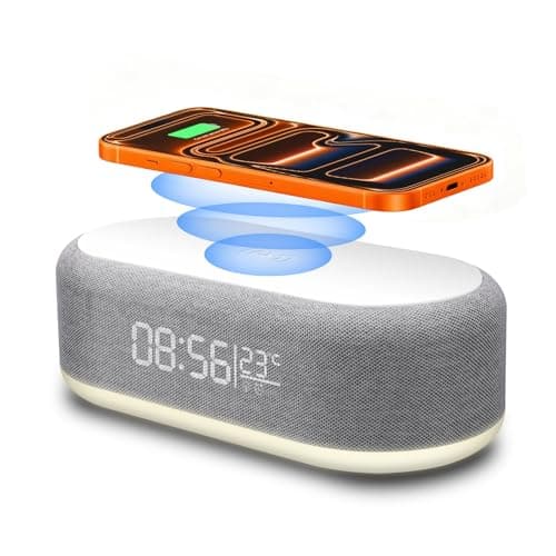 4 in 1 Wireless Charger Station with Digital Alarm Clock,15W Fast Charging Dock 12/24H Clock,Alarm Clocks Bedside,LED Display with Temperature,Dimmable Night Light,15W Fast Wireless Charger Station