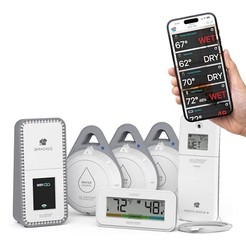 Leak Geek Pro Wi-Fi Alert System: Bridge Gateway, 3 Water Spot Detection Sensors, a Water Leak Area Detection Sensor with 76-inch Cable, and an Interior Temperature and Humidity Sensor Display