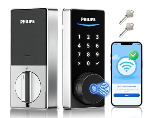 Philips Built-in WiFi Smart Lock, Keyless Entry Door Lock with App, Touchscreen Fingerprint Door Lock, Compatible with Alexa & Google, Splash-Proof, Includes 8 Batteries, Nickel