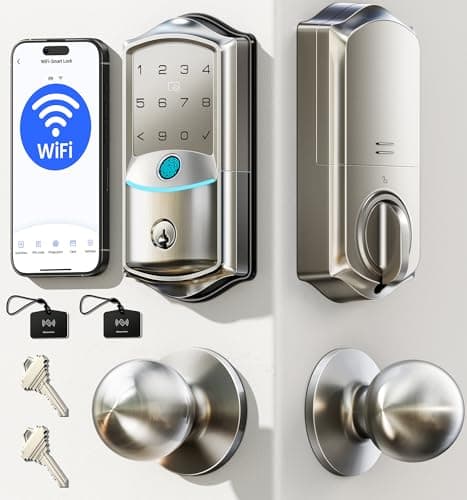 Veise VE027-K WiFi Smart Deadbolt Locks with 2 Knobs Set, Satin Nickel | Built-in Wi-Fi, 0.2s Fingerprint, App Remote Control, Alexa Compatible, Backlit Touchscreen, IP65 Waterproof, for Front Door
